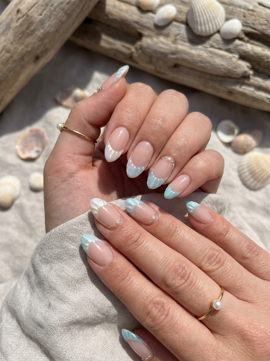 Seashell French Mermaid Nails mit schimmernden Muschelspitzen